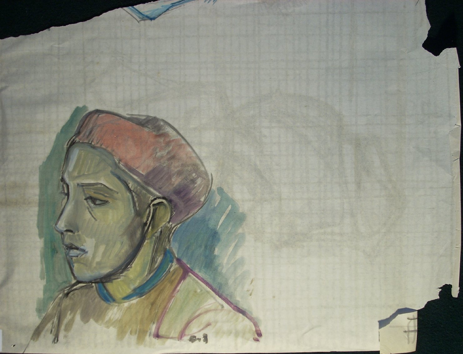 Busto di ragazzo con cappello rosso, figura maschile (disegno) di Ciamarra Elena (sec. XX)