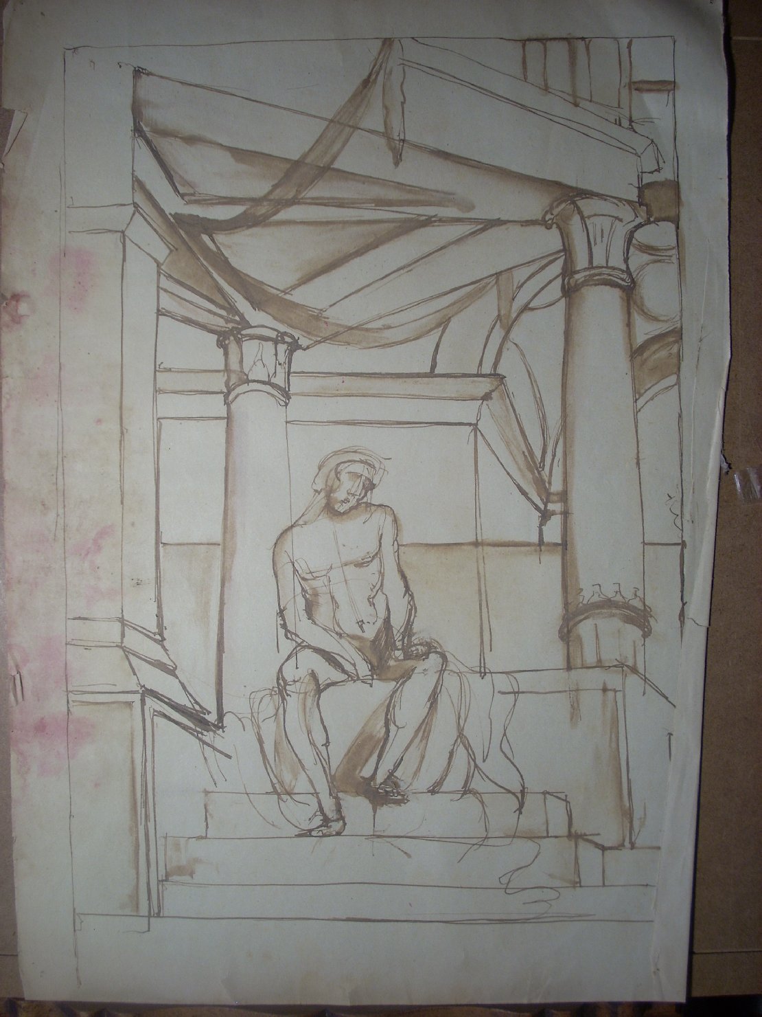 Studio di architettura romanica con figura maschile, studio di architettura con figura maschile (disegno) di Ciamarra Elena (sec. XX)