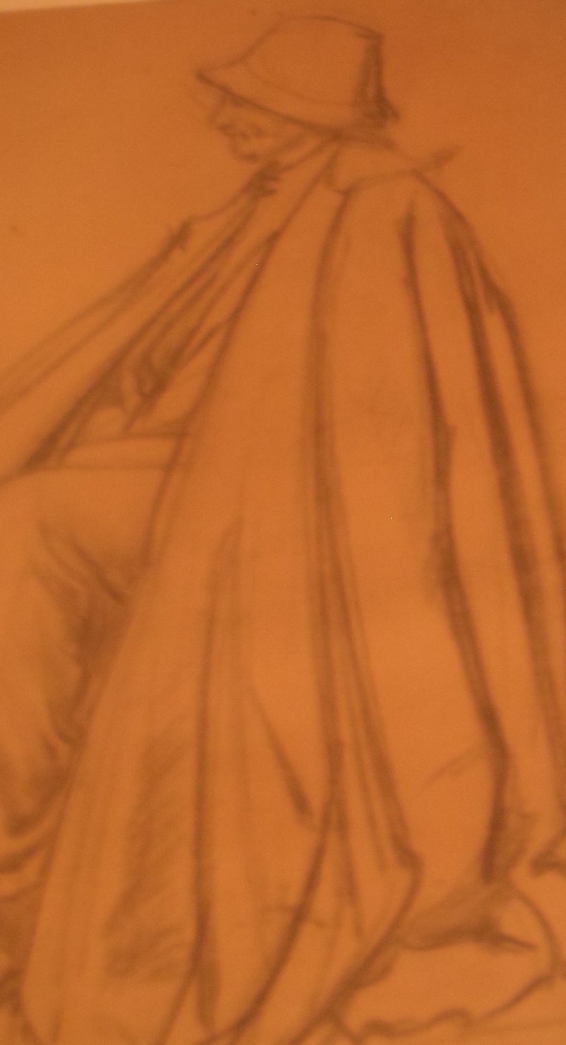 Marinuccio con il mantello, figura maschile seduta (disegno) di Ciamarra Elena (secondo quarto sec. XX)
