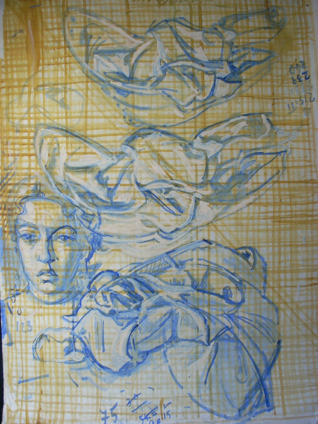 Tre pieghe e una testa umana su fondo senape, figura (disegno) di Ciamarra Elena (sec. XX)