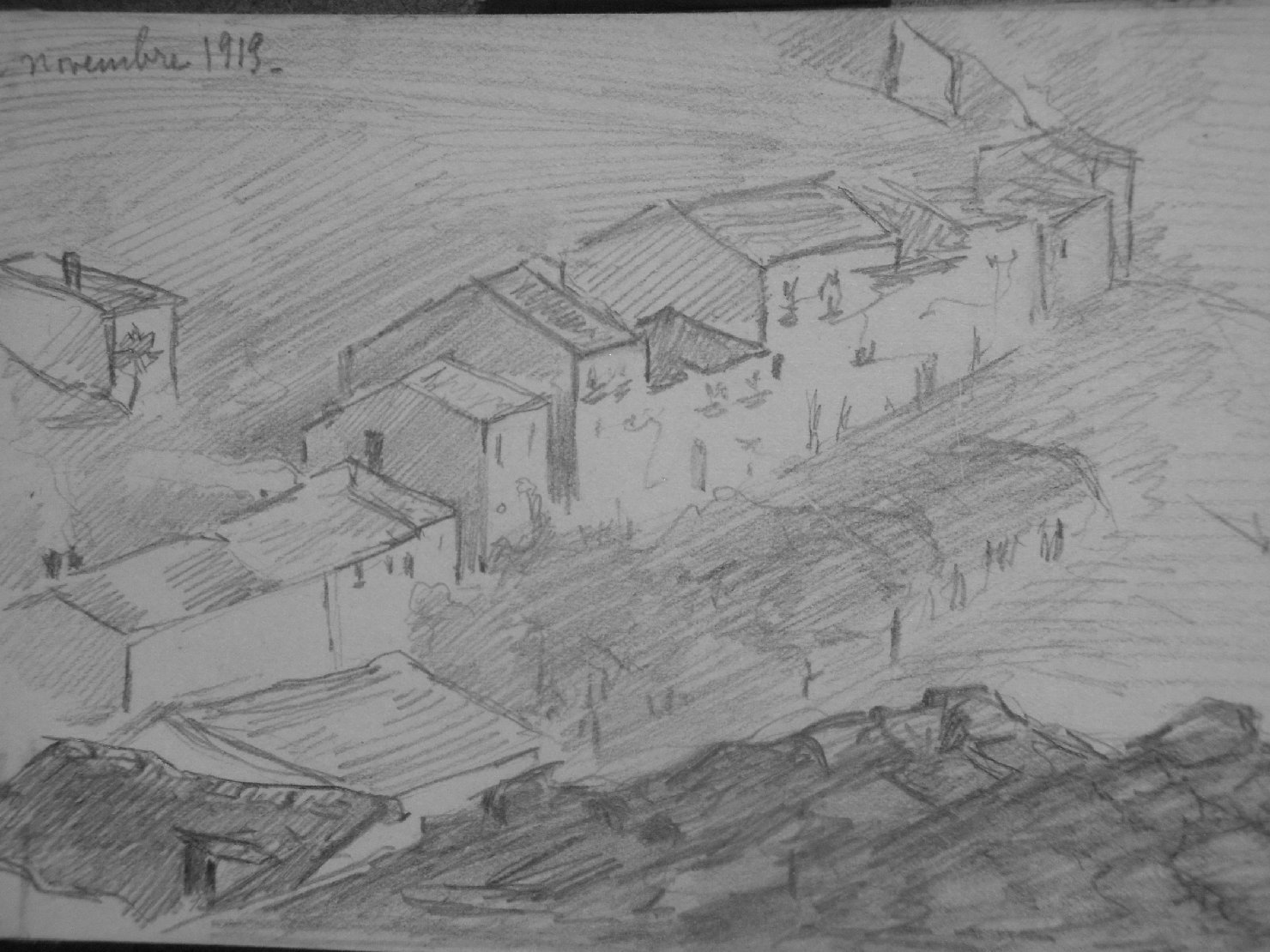 Schizzo del colle dal castello, paesaggio con architetture (disegno) di Ciamarra Elena (sec. XX)