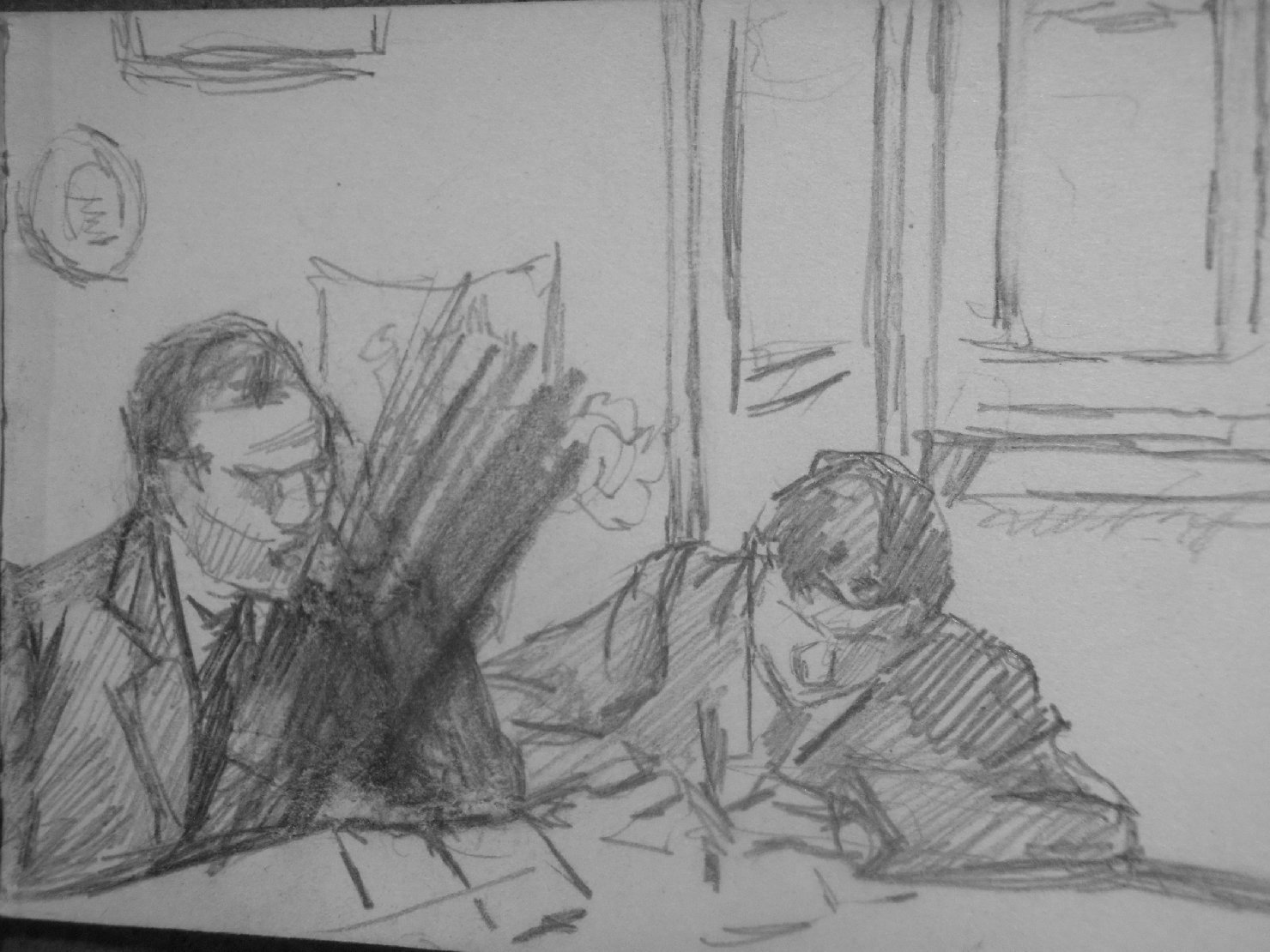 Due uomini a tavolino, figura maschile (disegno) di Ciamarra Elena (sec. XX)