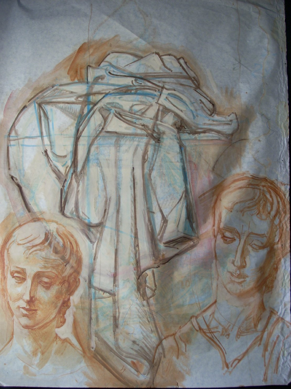 Due teste in terra di Siena e piega in bu elettrico, figure (disegno) di Ciamarra Elena (sec. XX)