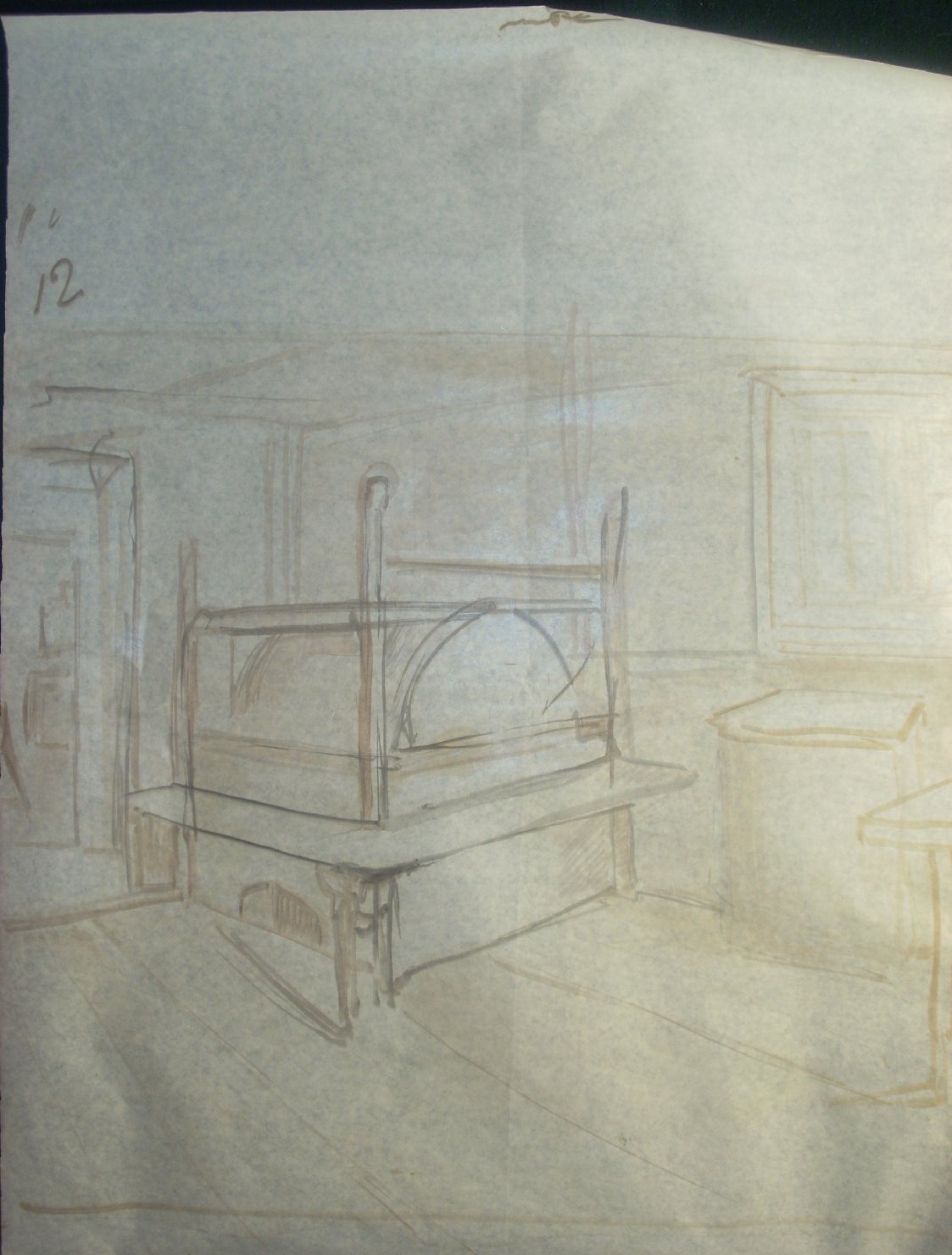 Schizzo di interno di stube, interno di stube (disegno) di Ciamarra Elena (sec. XX)