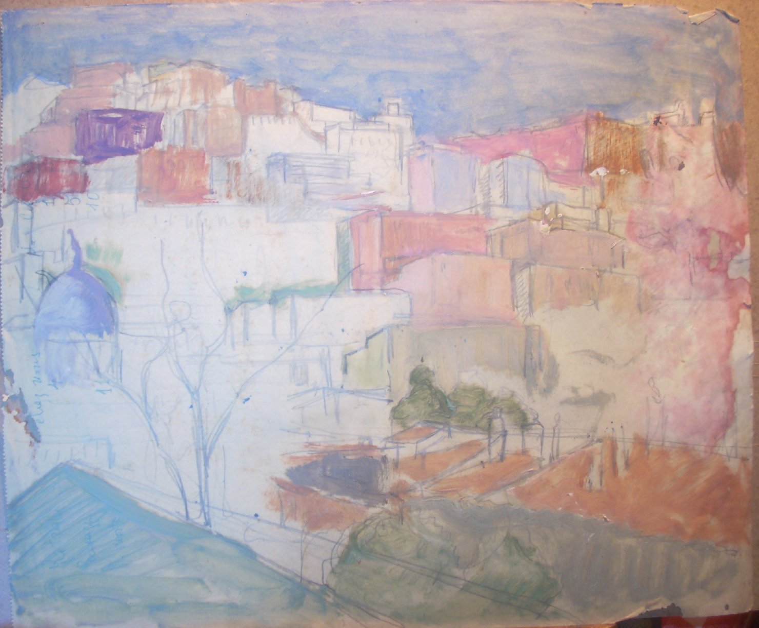 Piccolo scorcio di Napoli con cupola, paesaggio (disegno) di Ciamarra Elena (sec. XX)