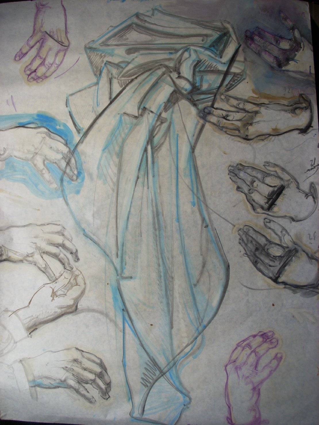 Dieci mani e una piega, studio di mani (disegno) di Ciamarra Elena (sec. XX)