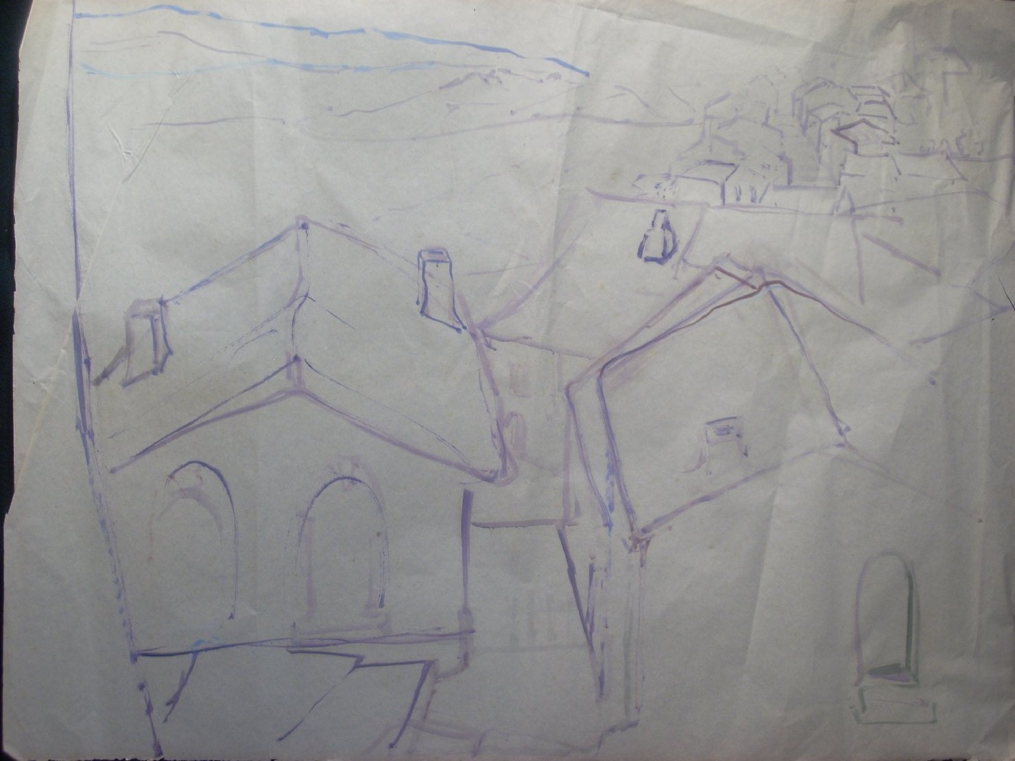 Schizzo di Torella dalla finestra del castello, paesaggio (disegno) di Ciamarra Elena (sec. XX)