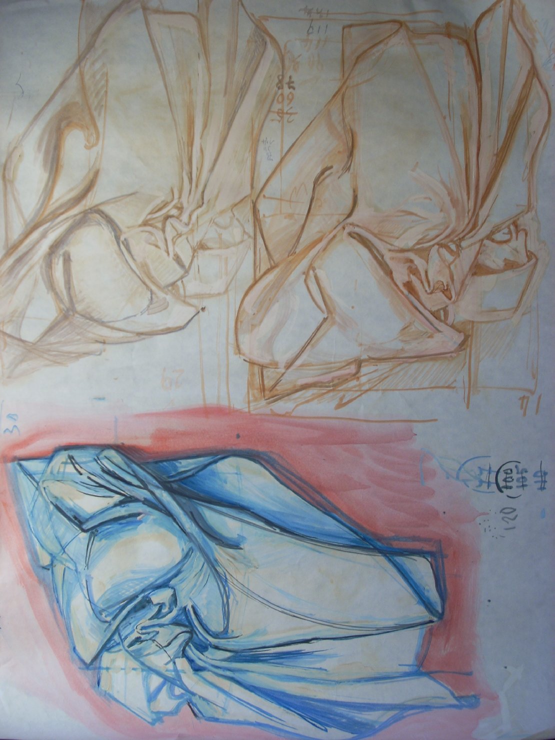 Due pieghe in senape e una in blu con ombra rosa (disegno) di Ciamarra Elena (sec. XX)