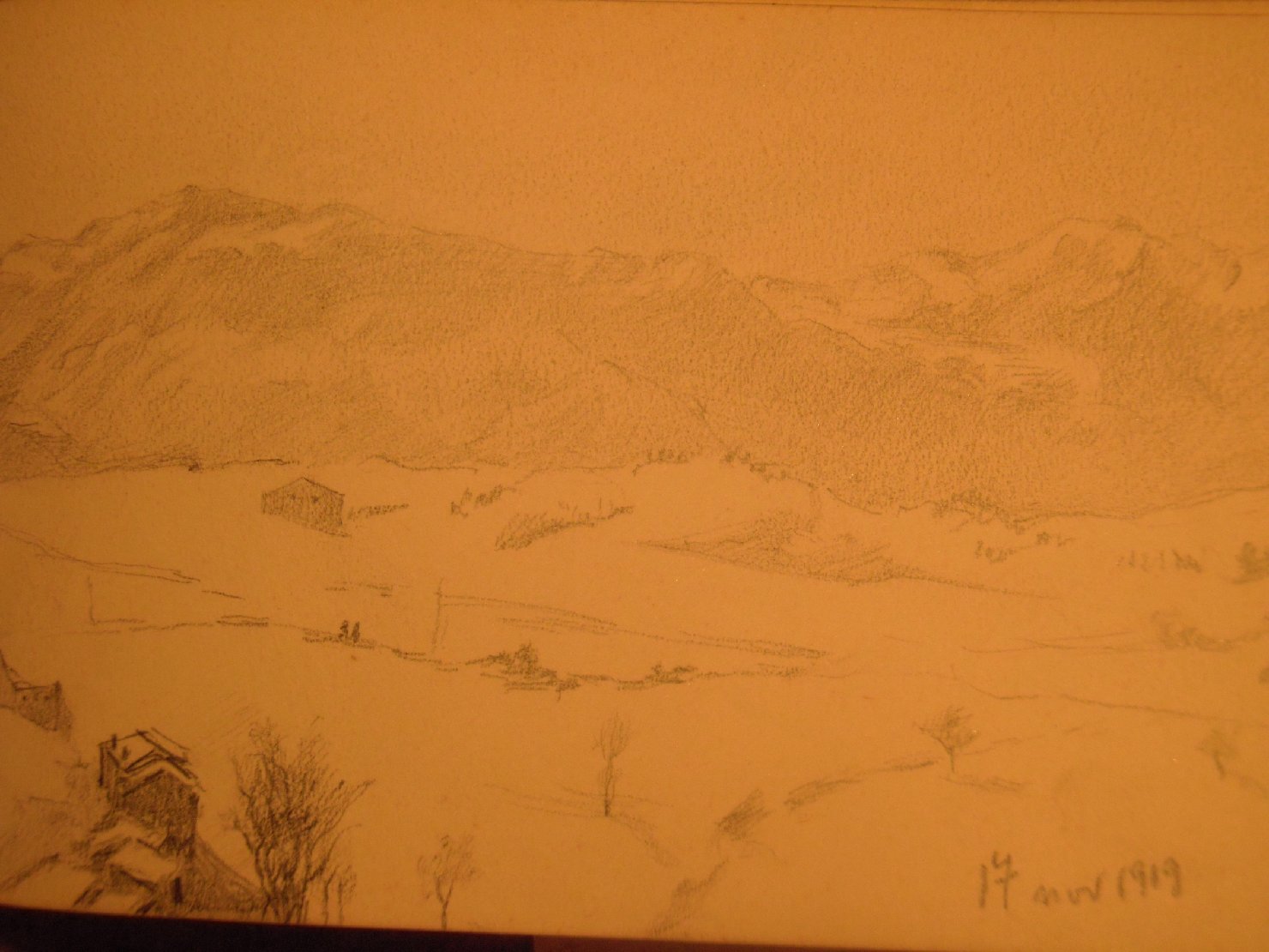 Paesaggio molisano innevato, paesaggio invernale (disegno) di Ciamarra Elena (sec. XX)
