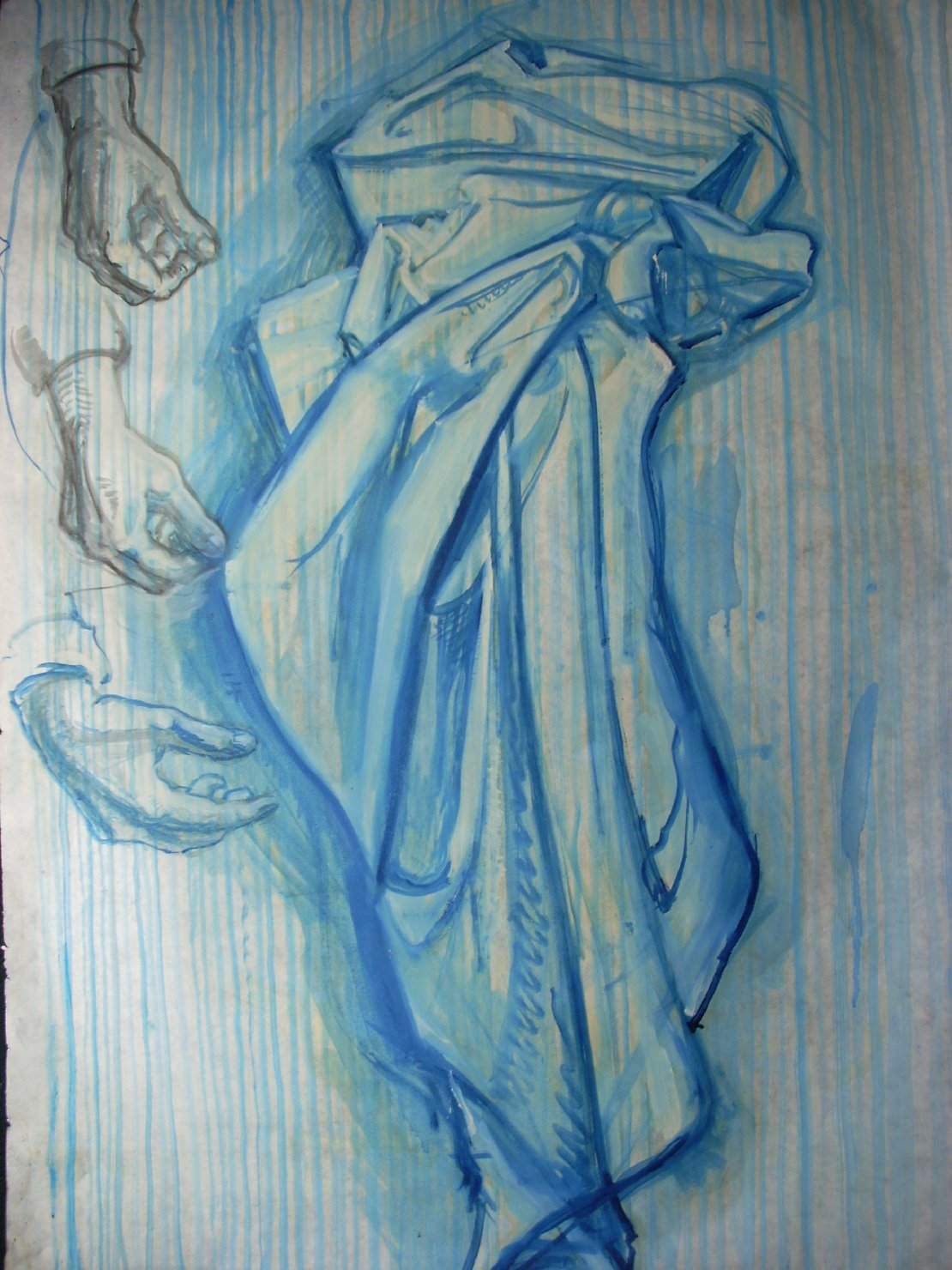 Tre mani e una piega in blu, studio di mani (disegno) di Ciamarra Elena (sec. XX)