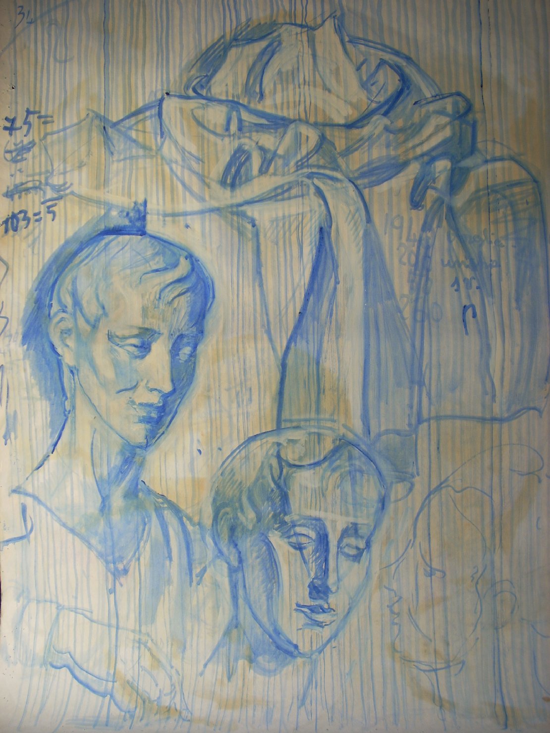Due teste e una piega in blu, studio di teste (disegno) di Ciamarra Elena (sec. XX)