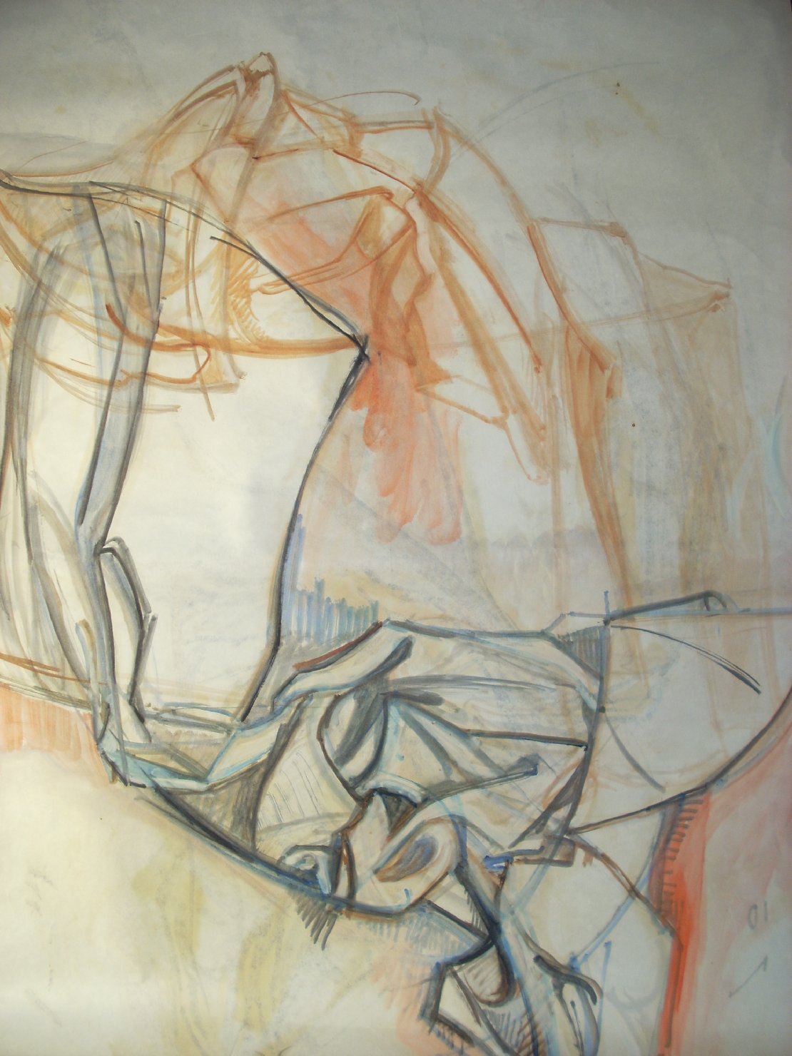 Pieghe sovrapposte in nero e terra di Siena (disegno) di Ciamarra Elena (sec. XX)