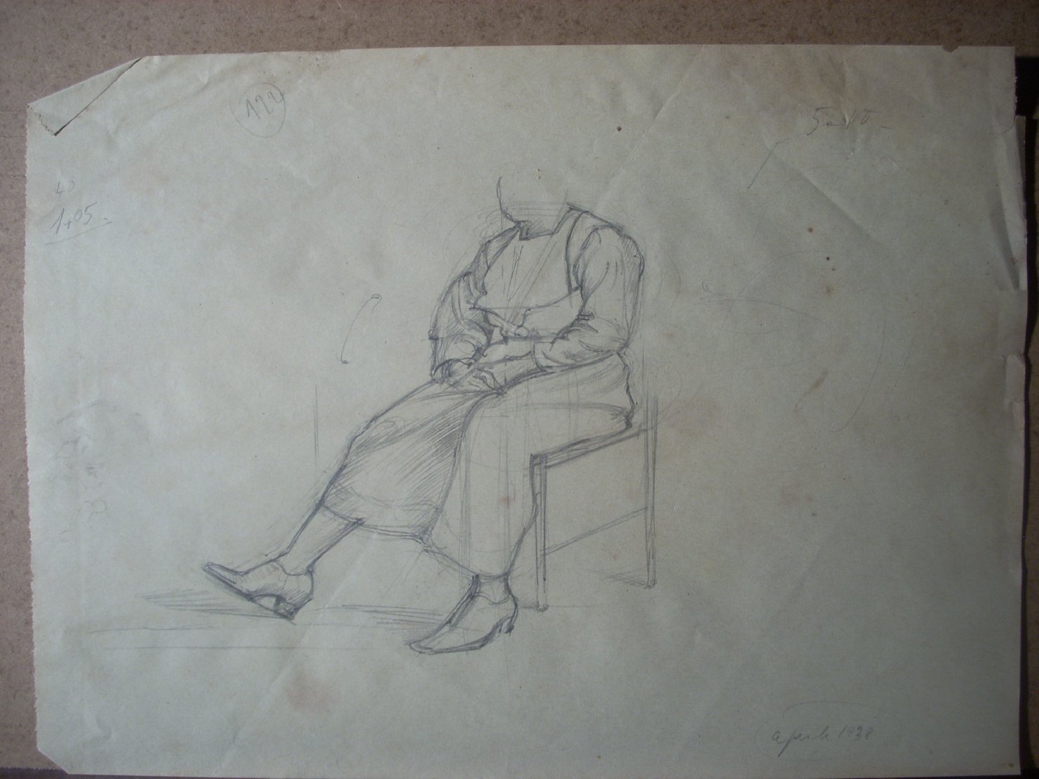 Schizzi vari di Assunta 165, figura femminile seduta (disegno) di Ciamarra Elena (sec. XX)