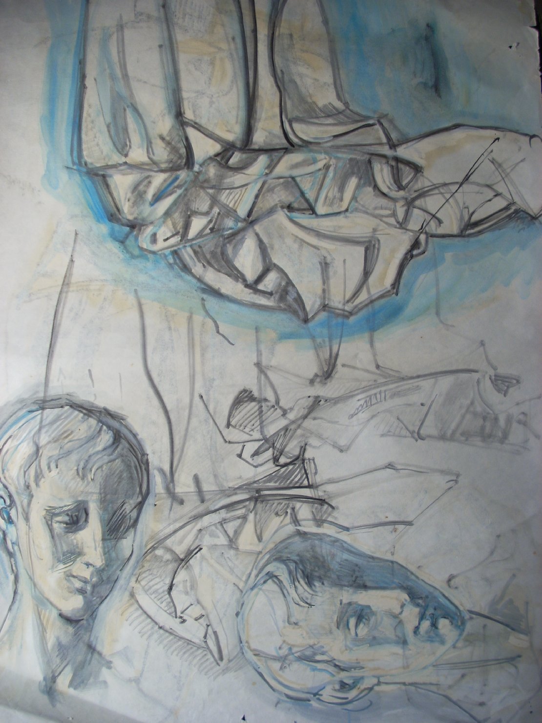 Due teste e due pieghe in blu elettrico, studio di teste (disegno) di Ciamarra Elena (sec. XX)