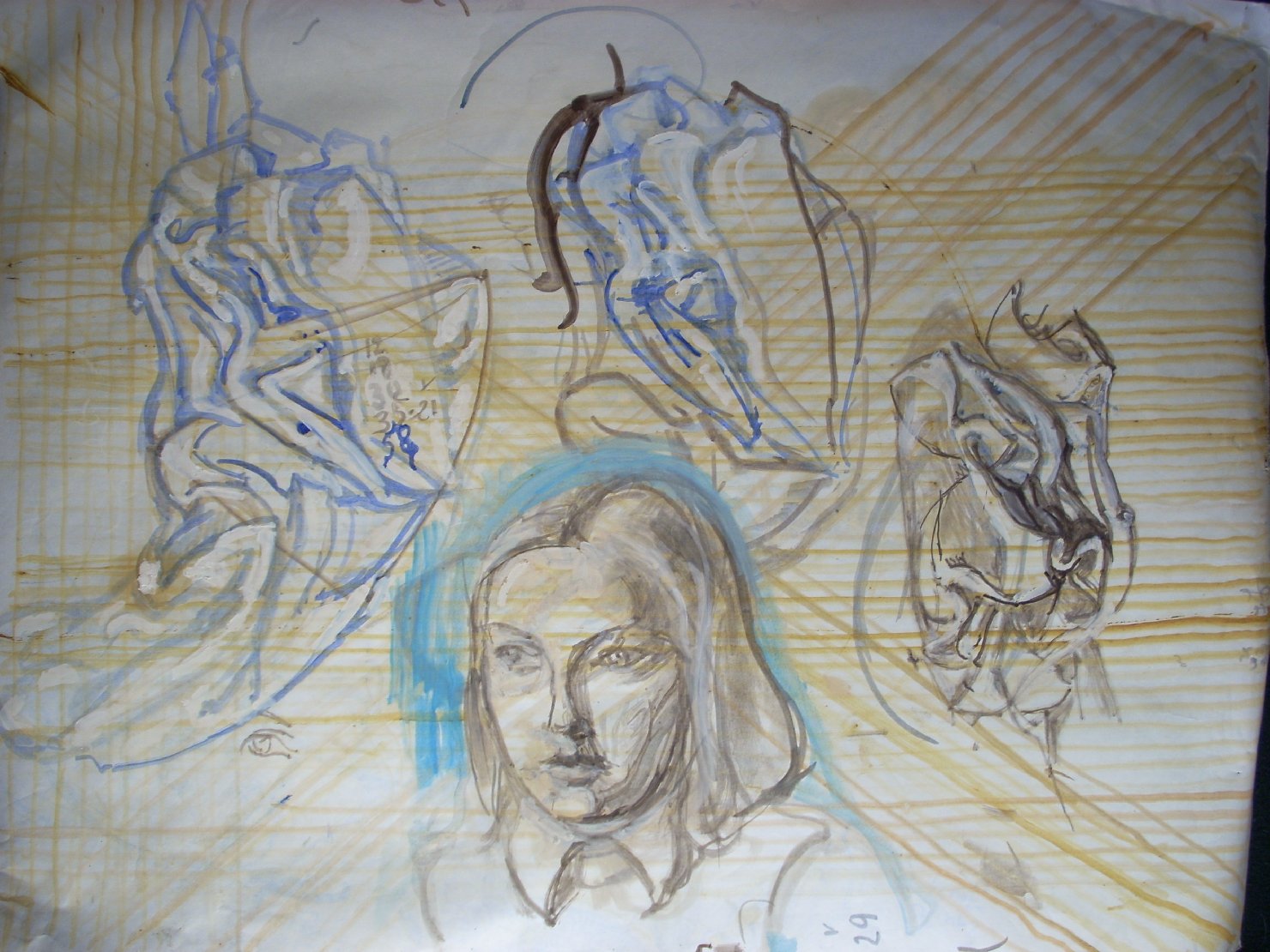 Tre pieghe e una testa su fondo senape, figura femminile (disegno) di Ciamarra Elena (sec. XX)