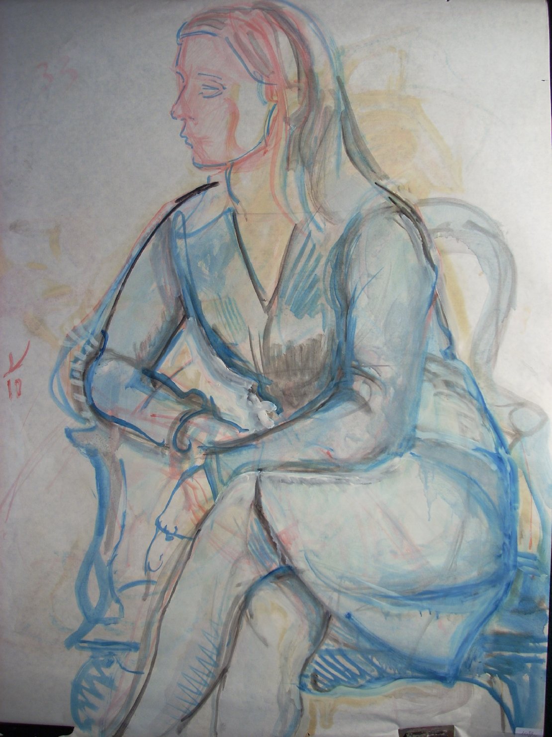 Studio di figura umana in blu e rosa, figura femminile seduta (disegno) di Ciamarra Elena (sec. XX)