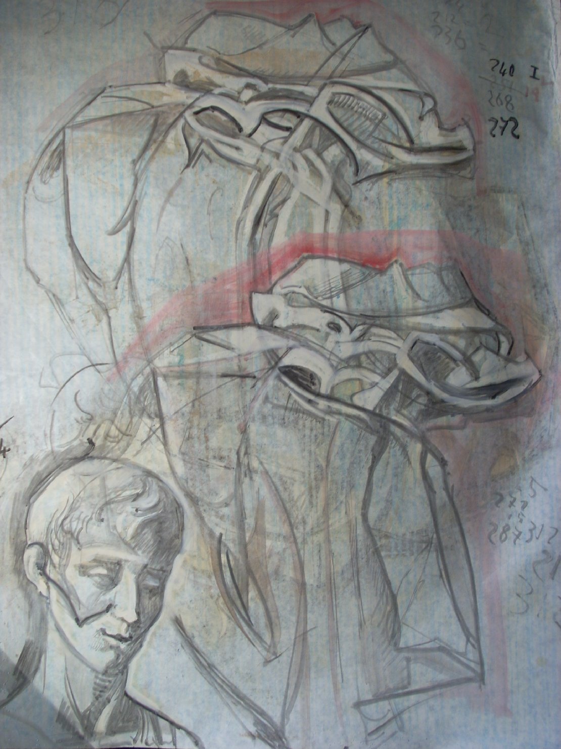 Due pieghe e una testa su fondo rosa, testa d'uomo (disegno) di Ciamarra Elena (sec. XX)