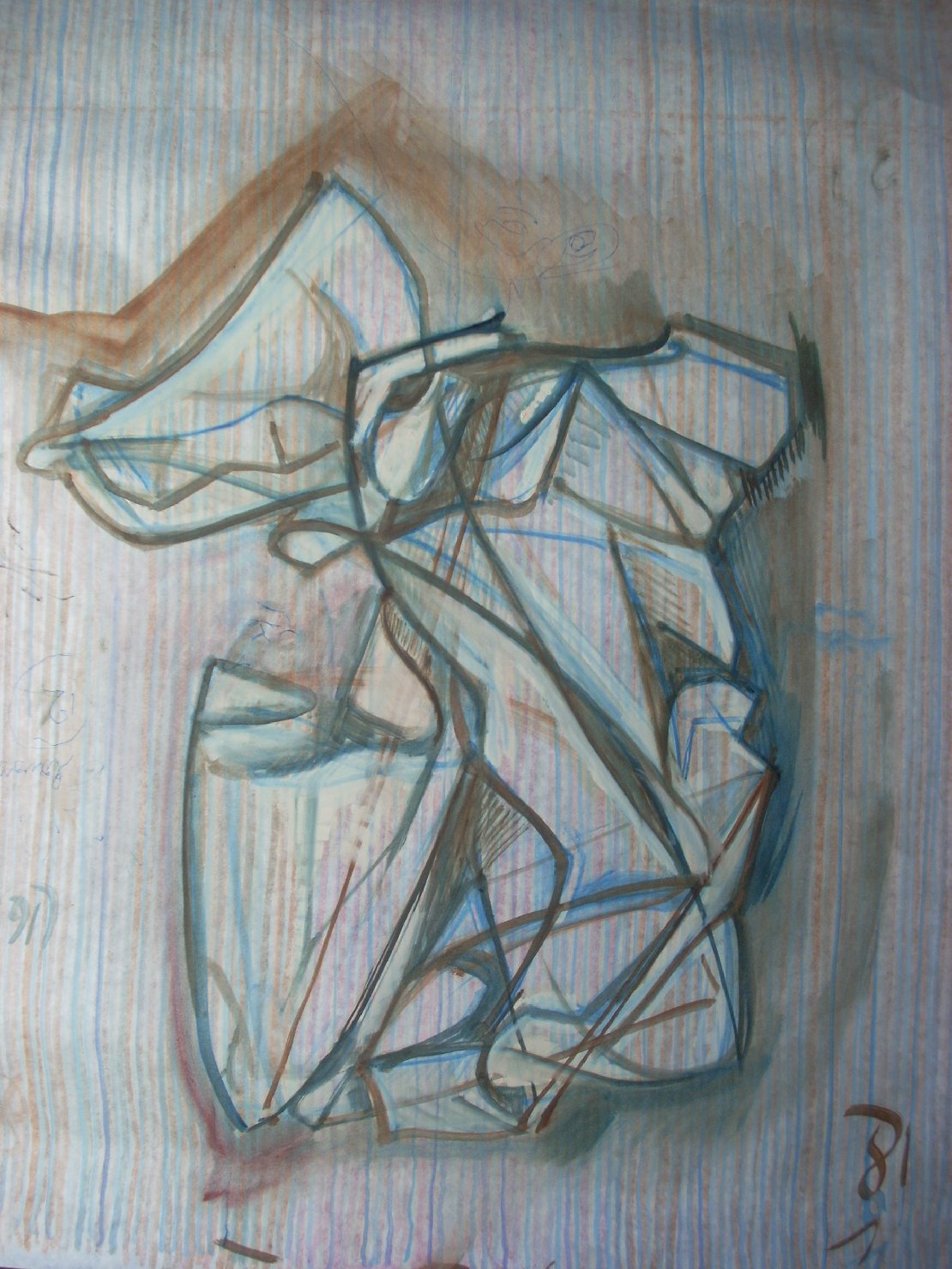 Grande piega in blu, nero e terra di Siena (disegno) di Ciamarra Elena (sec. XX)