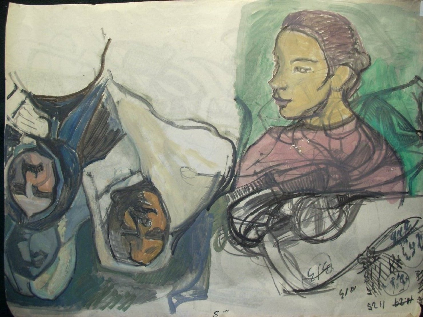 Studi vari e ritratto, figure (disegno) di Ciamarra Elena (sec. XX)