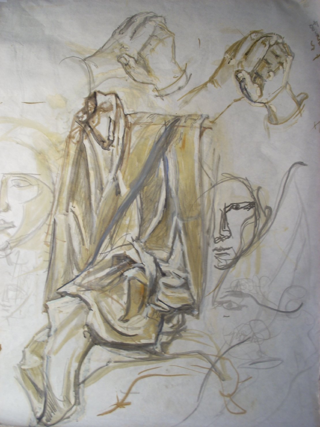 Piega in grigio e senape con studi di mani e teste, studio di mani e teste (disegno) di Ciamarra Elena (sec. XX)