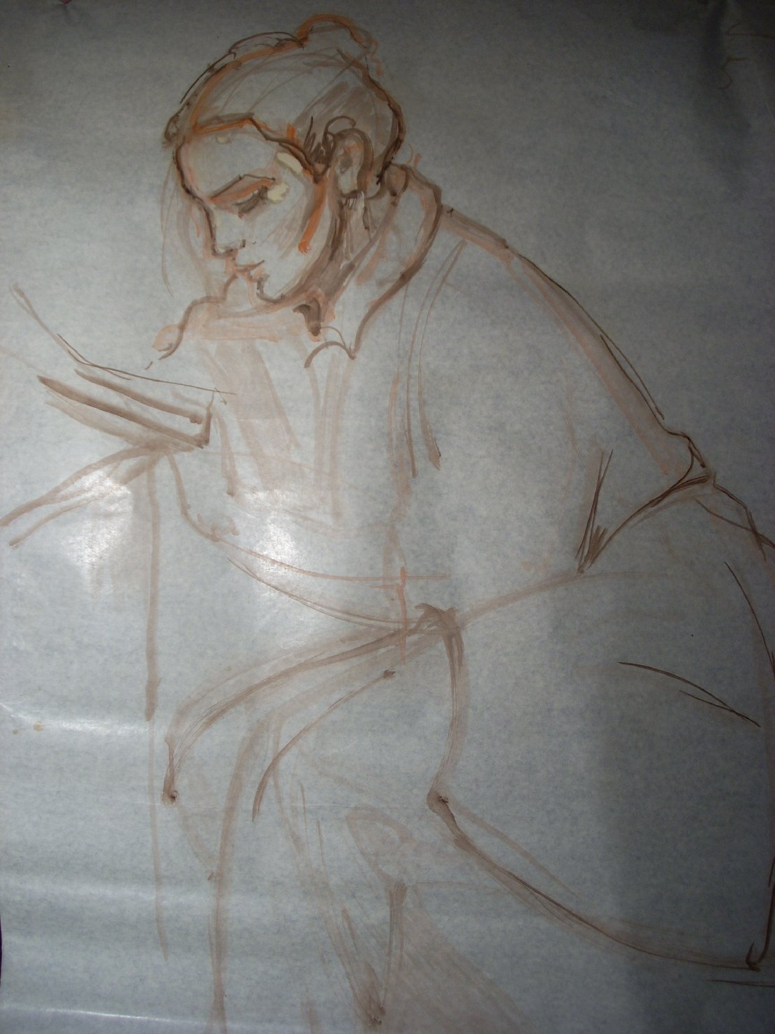 Schizzo in marrone e arancio 1, figura femminile seduta (disegno) di Ciamarra Elena (sec. XX)