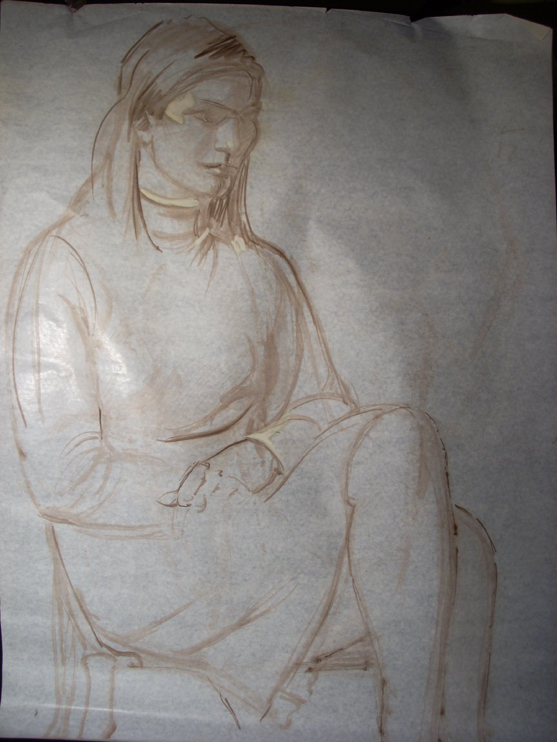 Schizzo in marrone 8, figura femminile seduta (disegno) di Ciamarra Elena (sec. XX)