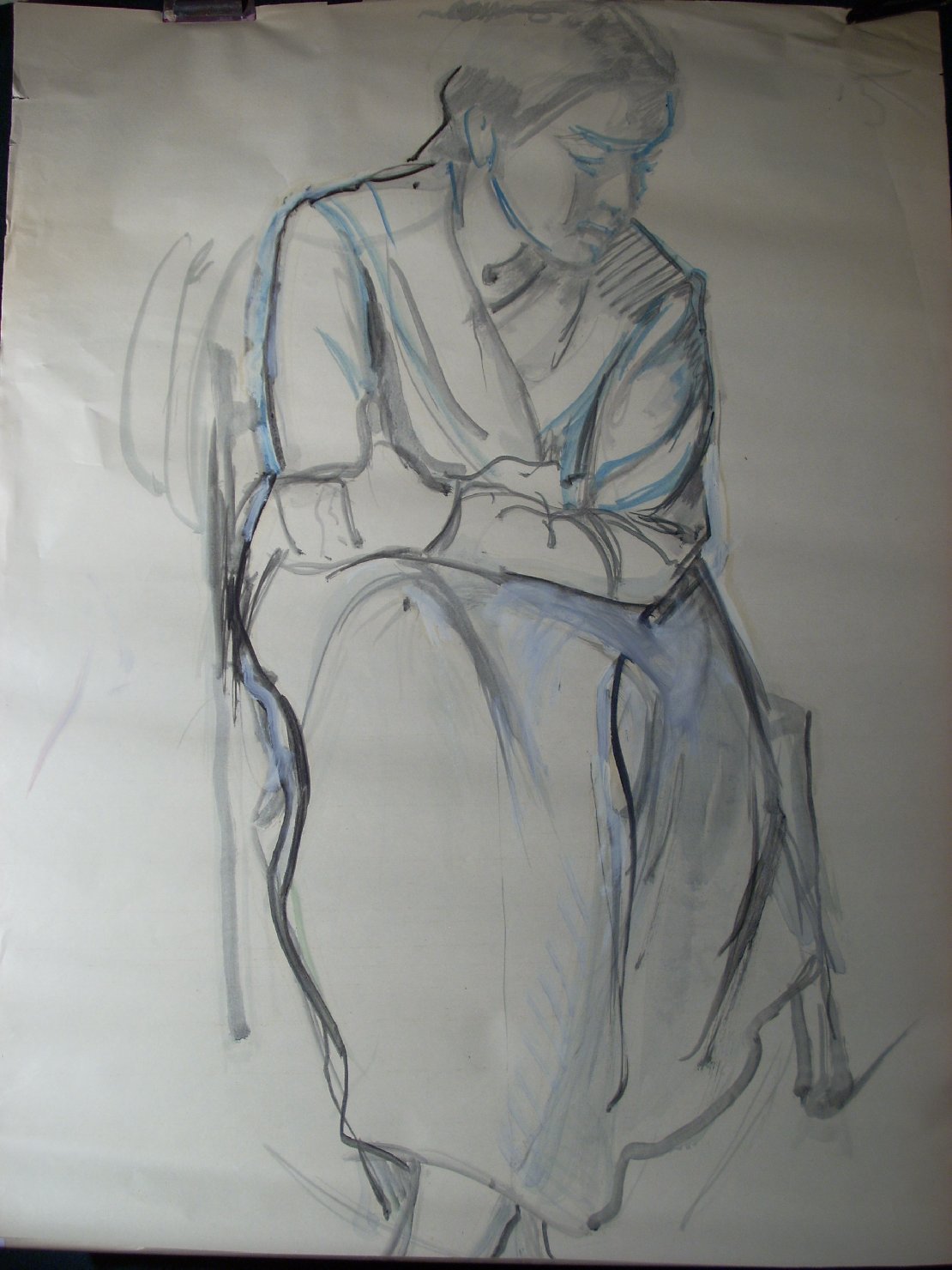 Schizzo in blu e nero 6, figura femminile seduta (disegno) di Ciamarra Elena (sec. XX)