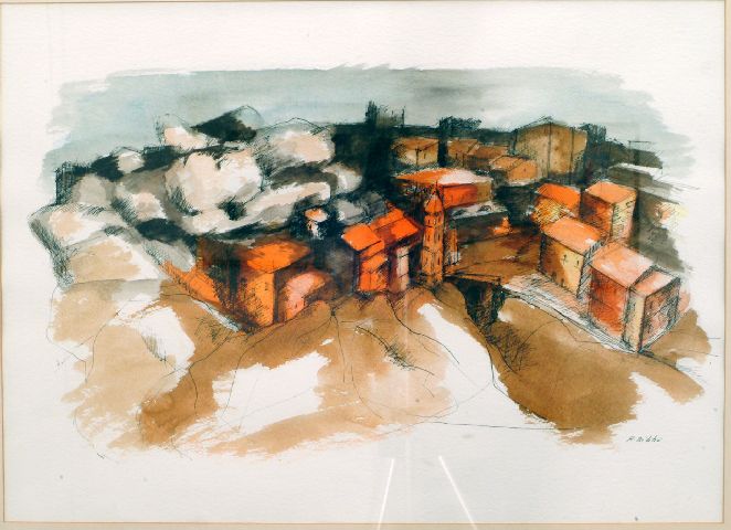 Paesaggio, paesaggio con case (disegno) di Bibbò Antonio (seconda metà sec. XX)