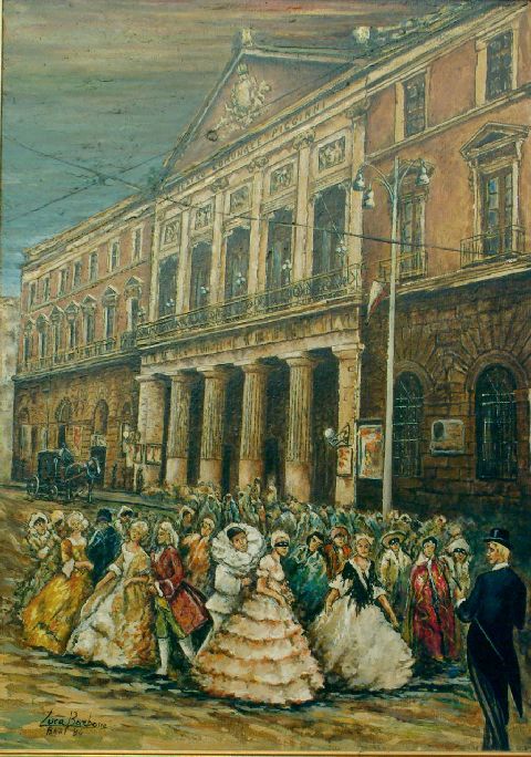 Teatro Piccinni, Teatro Piccinni con parata in costume (dipinto) di Barbone Luca (sec. XX)