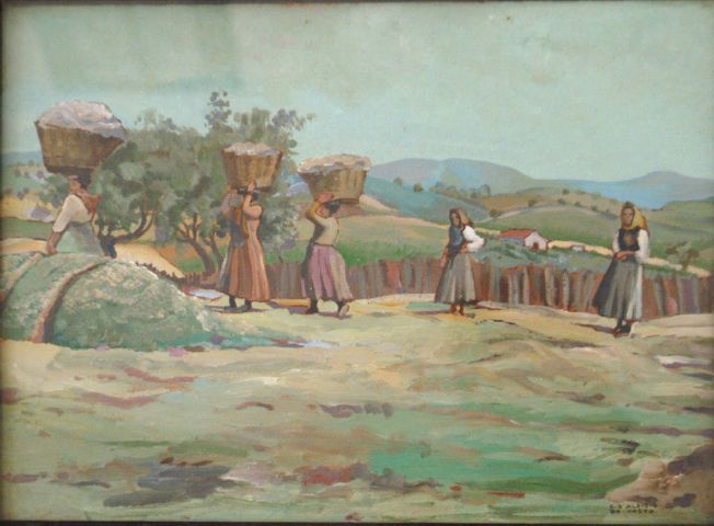 La raccolta delle olive, Contadine a lavoro (dipinto) di D'aloisio Da Vasto Carlo (sec. XX)