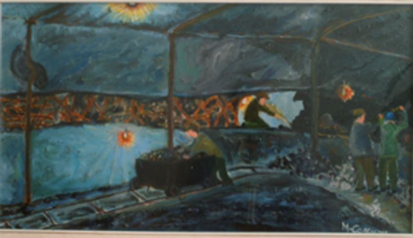 Miniera, lavoratori in miniera (dipinto) di Cascione M (metà sec. XX)