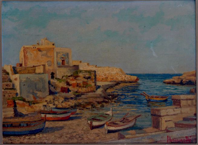 Cala Paura (Polignano), paesaggio marino di Polignano a Mare (dipinto) di Leonardi Leonardo (metà sec. XX)