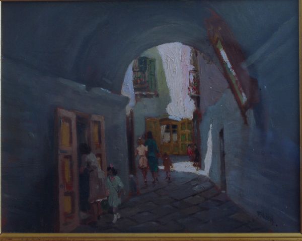 Vico Forno Santa Scolastica, scorcio del borgo antico di Bari (dipinto) di Vacca Francesco (metà sec. XX)