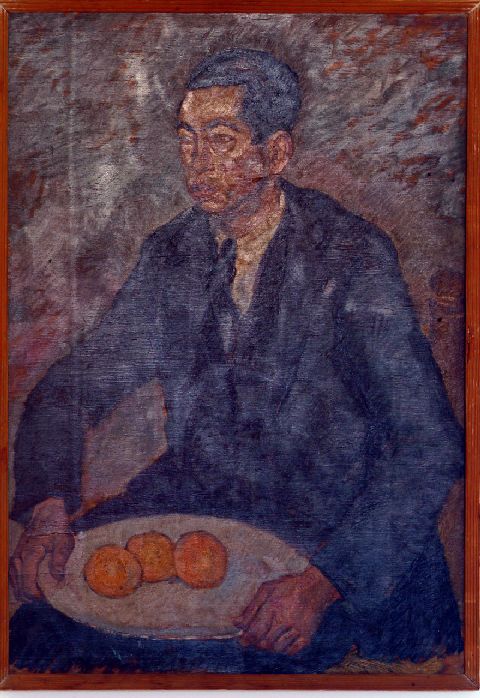 Il cinese, cinese seduto con piatto di frutta (dipinto) di Morino Pasquale (metà sec. XX)