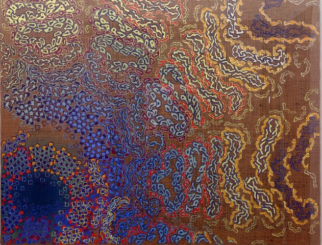 Tratti genetici n. 3, composizione astratta (dipinto) di Buono Lucia (sec. XX)