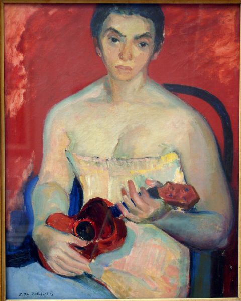 Donna con chitarra, Donna con piccola chitarra in mano (dipinto) di De Robertis Roberto (metà sec. XX)