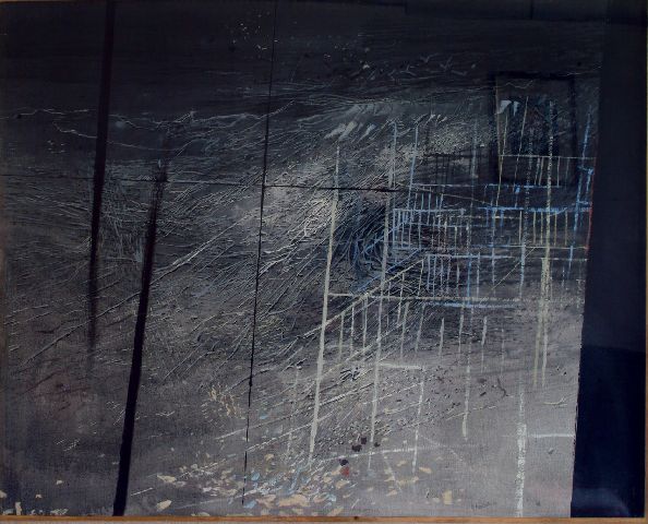 Spiaggia, Composizione astratta (dipinto) di Banchieri Giuseppe (sec. XX)