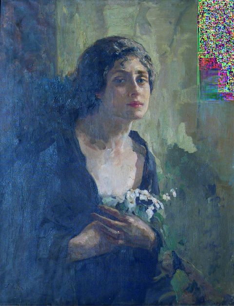 Donna con fiori, donna con mazzolino di fiori (dipinto) di Gragnoli Ovidio (secc. XX)