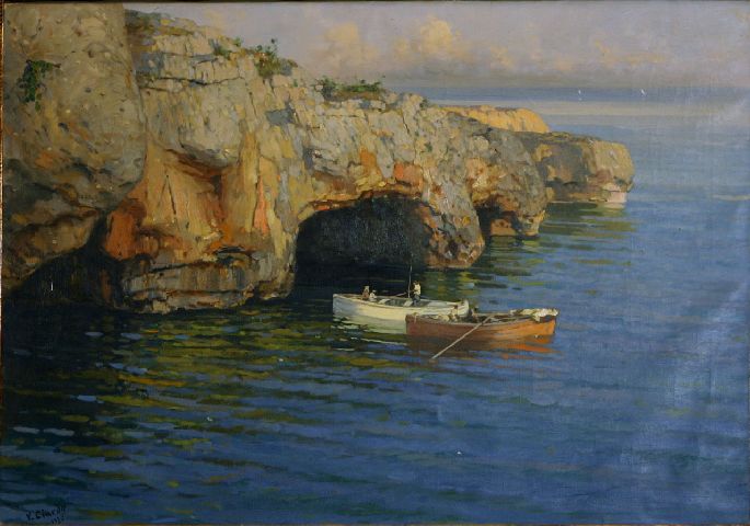 Scorcio di scogliera con barche, barche sotto una scogliera (dipinto) di Ciardo Vincenzo (sec. XX)