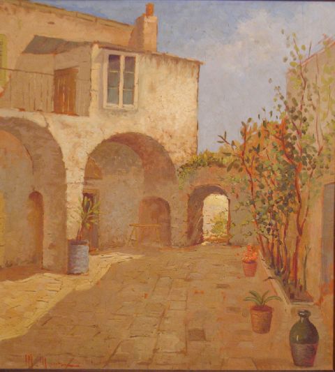 Cortile, Interno di una casa rurale (dipinto) di Montanari Michele (sec. XX)