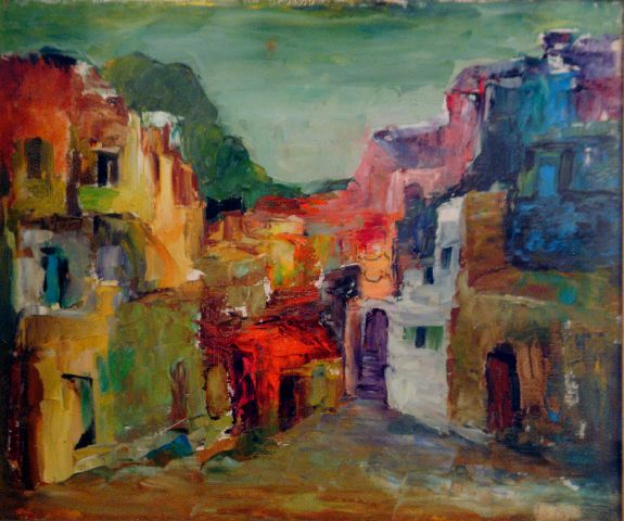 Paesaggio di Noci, case colorate (dipinto) di De Ruvo Anna (metà sec. XX)