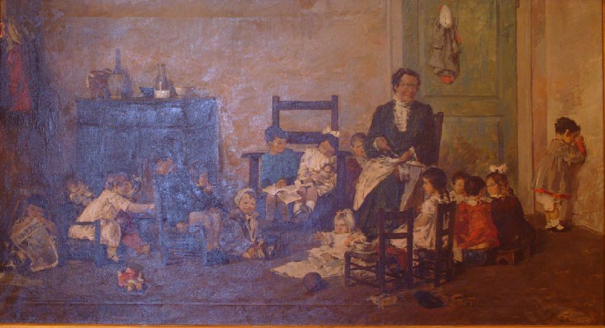 La maestra, interno con maestra e bambini seduti intorno (dipinto) di Privato Cosimo (sec. XX)
