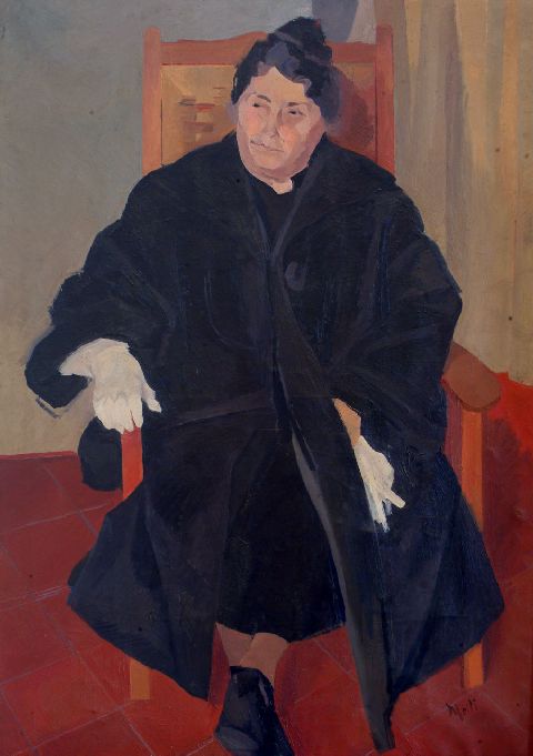 Il paltò grigio ferro, anziana signora seduta in poltrona (dipinto) di Melli Roberto (prima metà sec. XX)