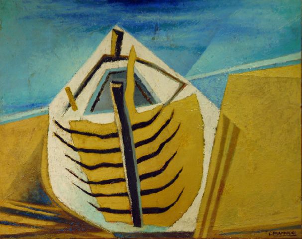 Mare e barche, Barca sulla riva del mare (dipinto) di Prampolini Enrico (sec. XX)