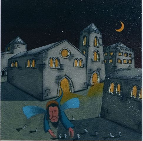 Giocando con San Nicola, San Nicola che fuoriesce dalla basilica di Bari (dipinto) di Sciannimanico Donato (sec. XXI)