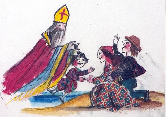san Nicola riconsegna il piccolo ai genitori, San Nicola riconsegna il bambino ai genitori (dipinto) di Luzzati Emanuele (fine secc. XX/ XXI)