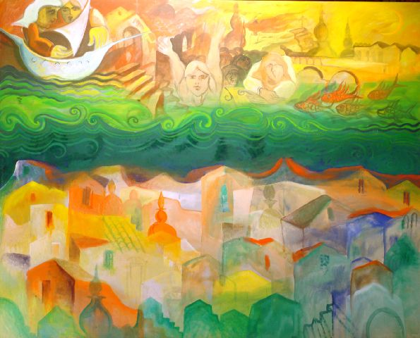 Omaggio a San Nicola, Paesaggio orientale in basso e mare con caravella in alto (dipinto) di Damiani Michele (ultimo quarto sec. XX)