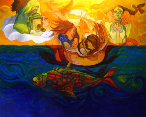 Omaggio a San Nicola, Caravella in mare con un angelo (dipinto) di Damiani Michele (ultimo quarto sec. XX)