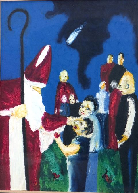 San Nicola e i bambini n. 1, santa Klaus e i bambini (dipinto) di Barbe Pascal (fine/ inizio secc. XX/ XXI)