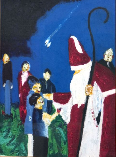 San Nicola e i bambini n. 3, santa Klaus e i bambini (dipinto) di Barbe Pascal (fine/ inizio secc. XX/ XXI)